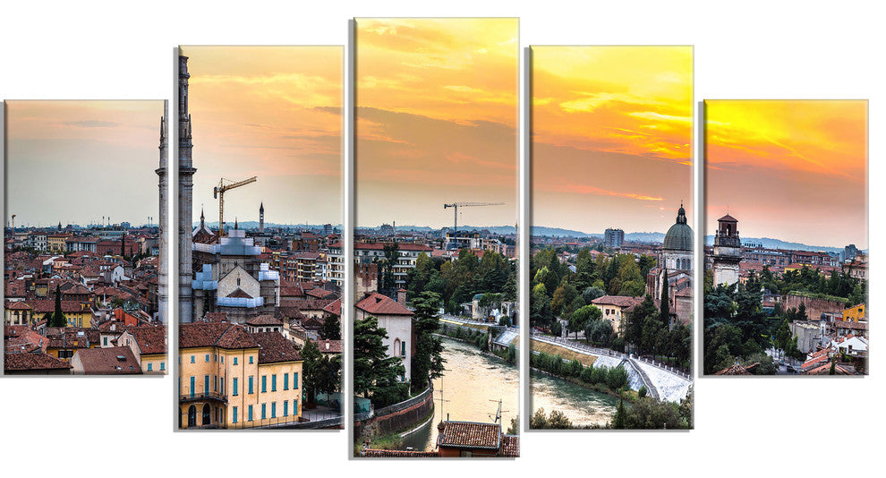 Verona at Sunset in Italy, Large Cityscape Canvas Art Print, 60"x32", 5 Panels