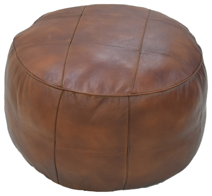 Geometric Handmade Leather Pouf, Recycled Foam With Fiber Fill, Cognac Color, Round, 21x21x12
