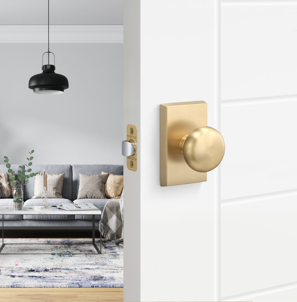 Ridgecrest Mountain Oakley Passage Door Knob with Square Rosette, Satin Brass