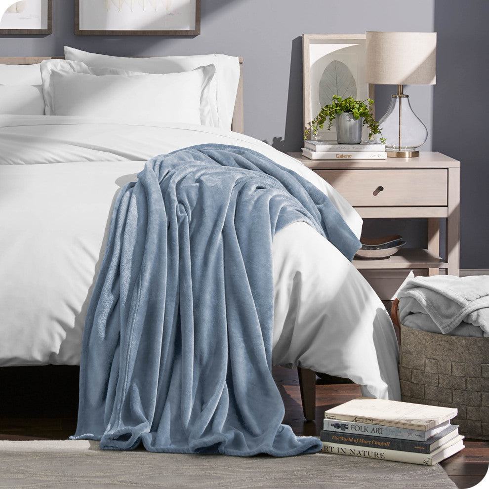 Bare Home Microplush Fleece Blanket, Coronet Blue, Throw/Travel