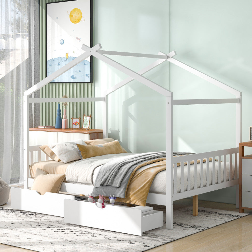 Gewnee Full Size House Platform Bed with Two Drawers,Headboard in White