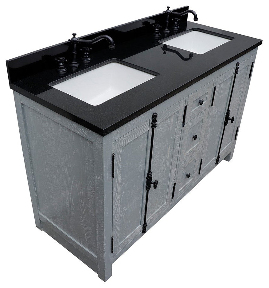 55" Double Vanity, Gray Ash Finish With Black Galaxy Granite Top