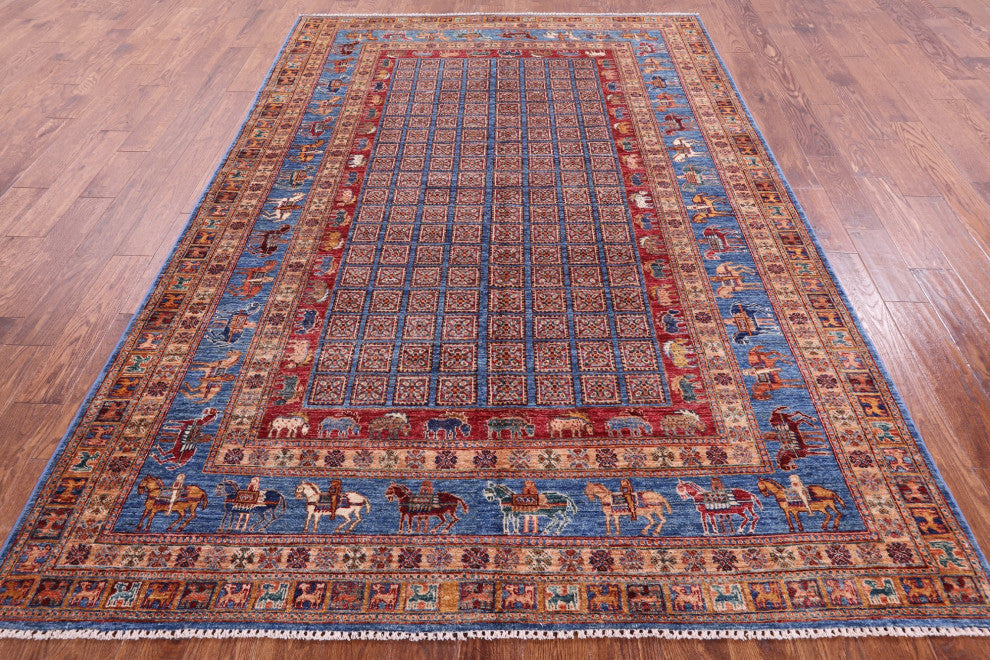 6' 7" X 9' 6" Handmade Antiqued Pazyryk Historical Design Wool Rug Q10915