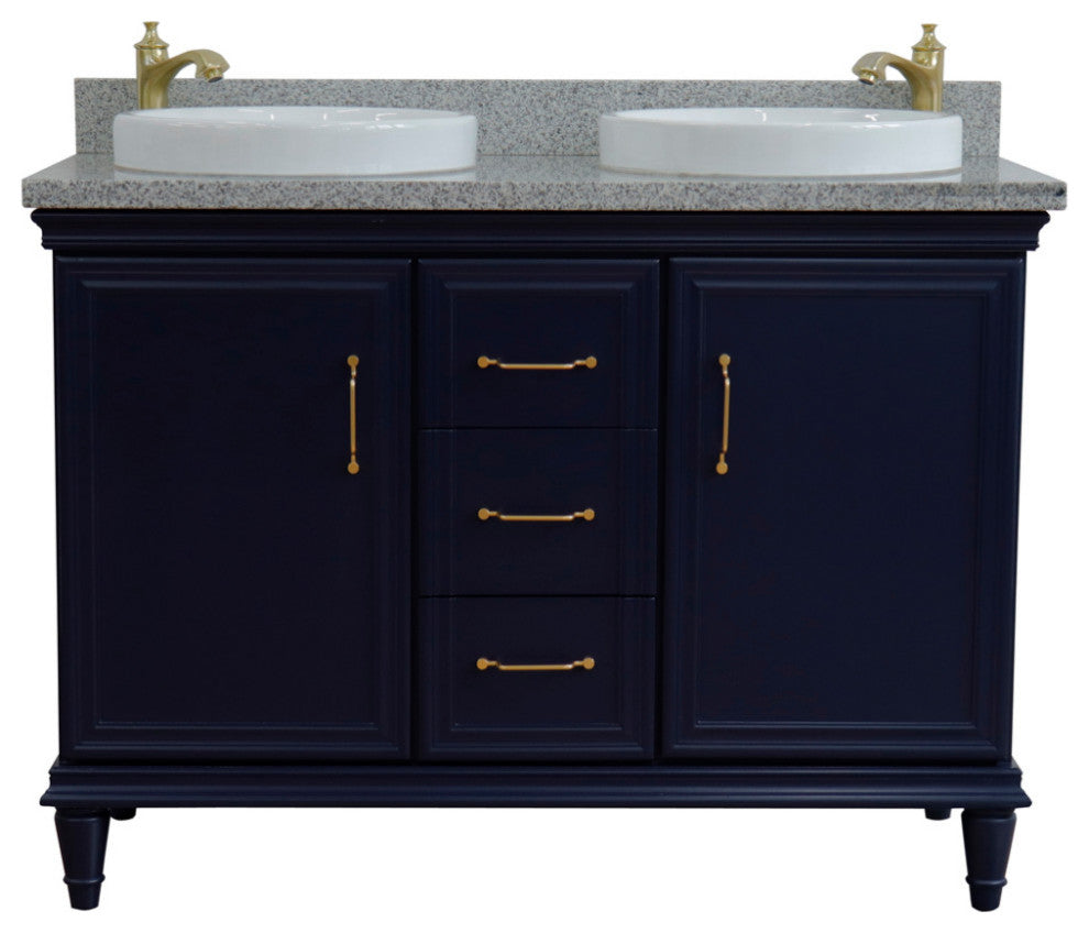 49" Double Vanity, Blue Finish With Gray Granite And Round Sink