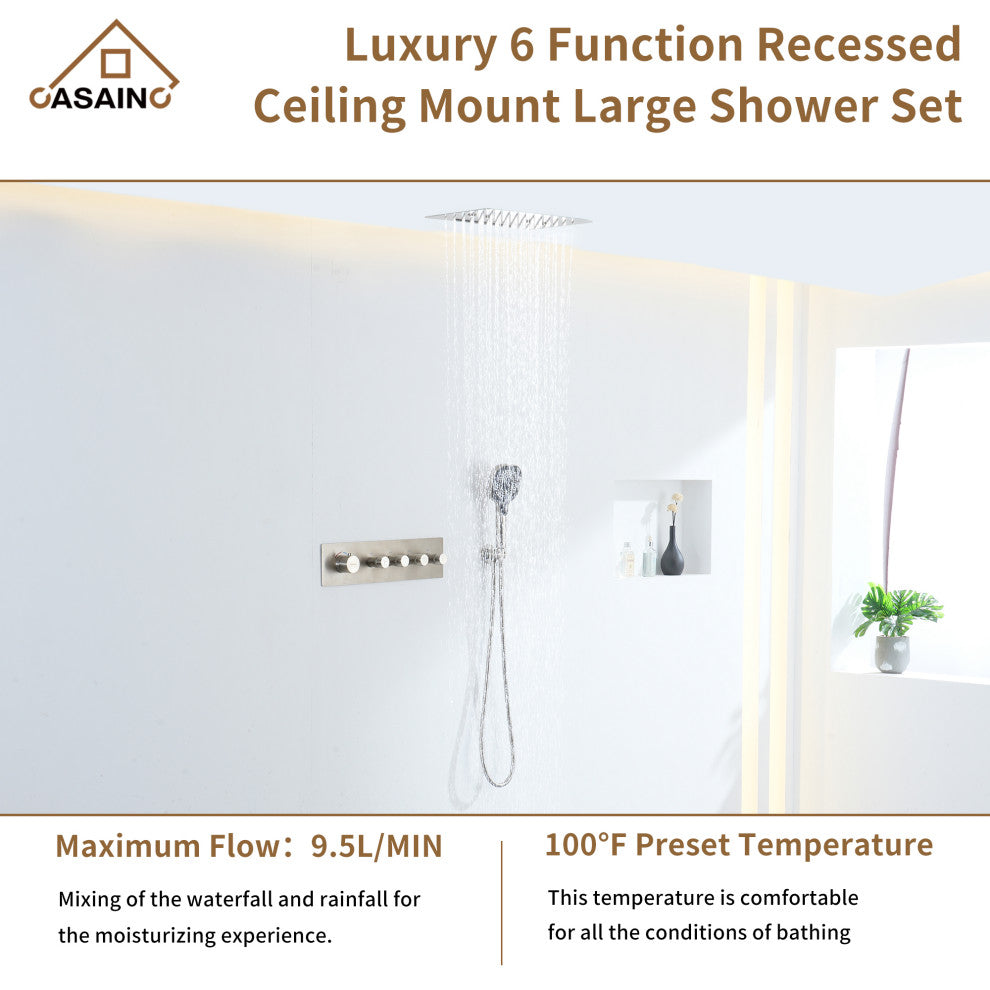 16 Inch Luxury Thermostatic Shower System, Brushed Nickel