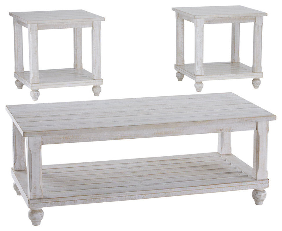 Plank Style Wooden Table Set With Slatted Lower Shelf & Bun Feet, Set Of 3,White