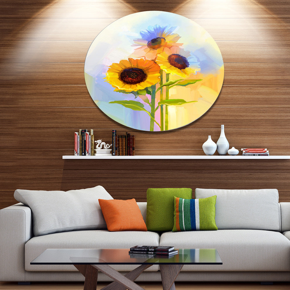 Yellow Sunflowers With Green Leaves, Flower Disc Metal Wall Art, 23"