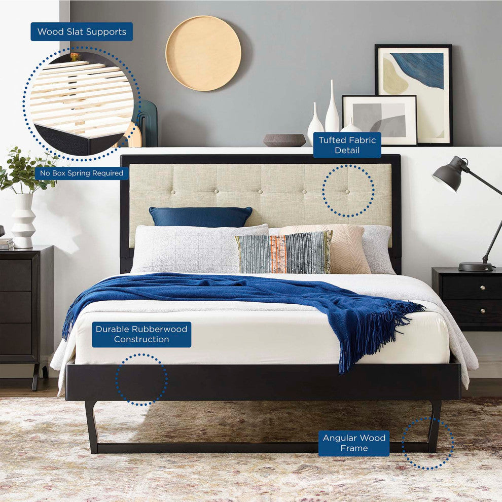 Platform Bed Frame, Queen Size, Fabric, Wood, Black Beige, Modern Mid-Century
