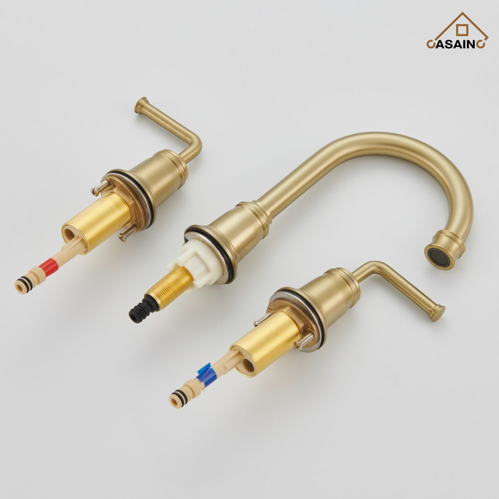 8in Brass Bathroom Sink Faucet 2 Handle 3 Hole Gold Bathroom Faucet, Brushed Gold