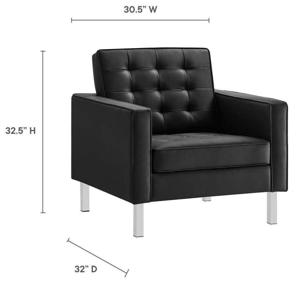 Loft Tufted Vegan Leather Armchair and Ottoman Set, Silver Black