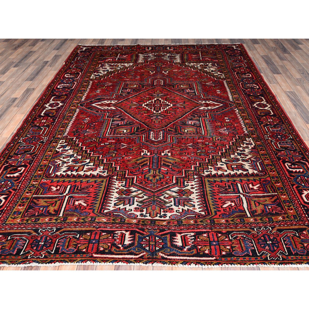 Carmine Red Vintage Persian Heriz Pure Wool Hand Knotted Oriental Rug 7'8"x11'