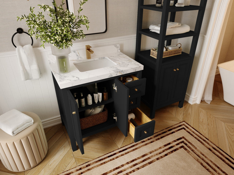 Nashville 36" Center Sink Bath Vanity, Black 2" White Quartz