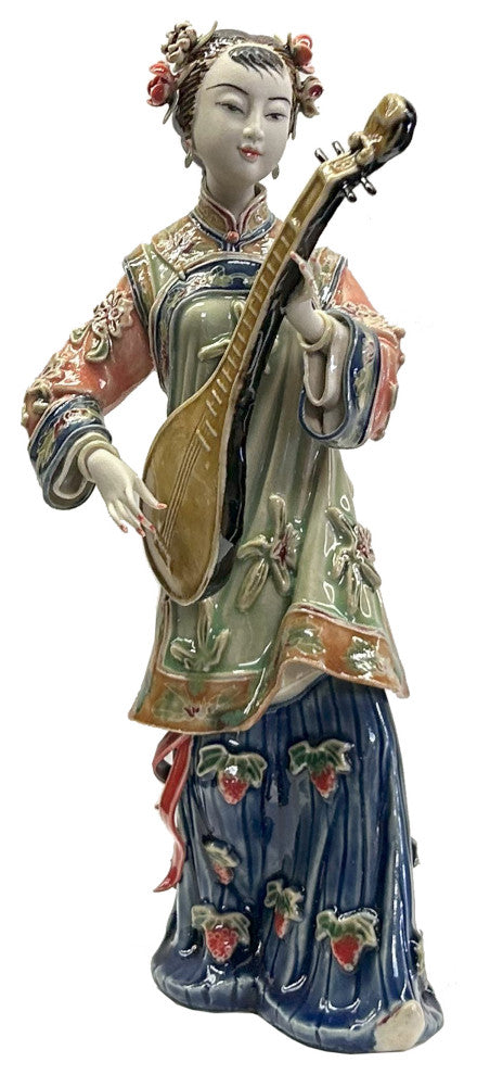 Chinese Porcelain Qing Style Dressing Pipa Playing Lady Figure