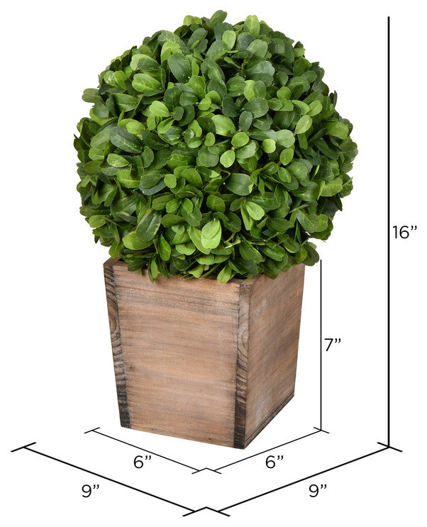 Vickerman FG191316 16" Artificial Potted Boxwood Ball in Wooden Pot