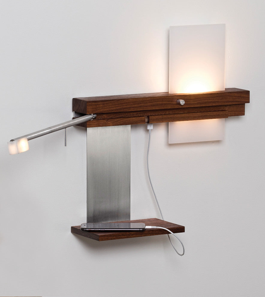 Levo LED Wall Sconce Reading Light With USB Charger, Hardwired, Right Orientation
