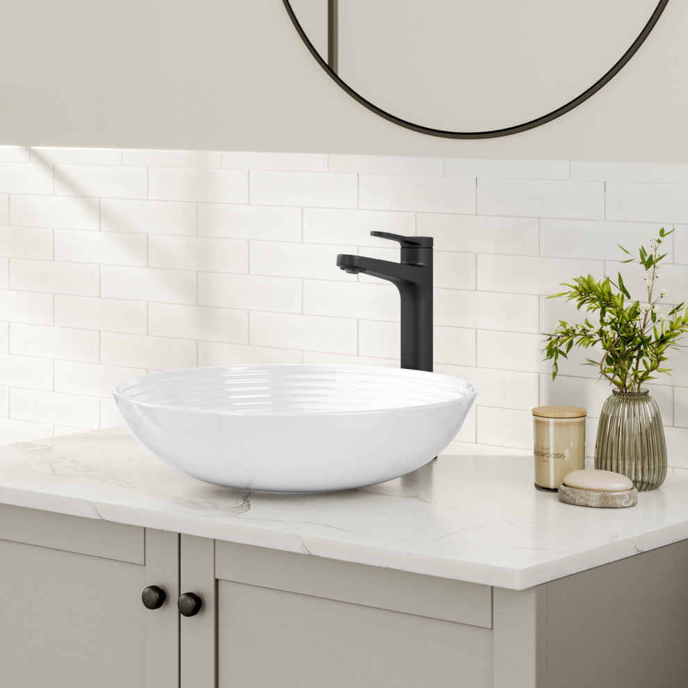 KRAUS Indy Single Handle Vessel Bathroom Faucet Matte Black, Pop Up Drain