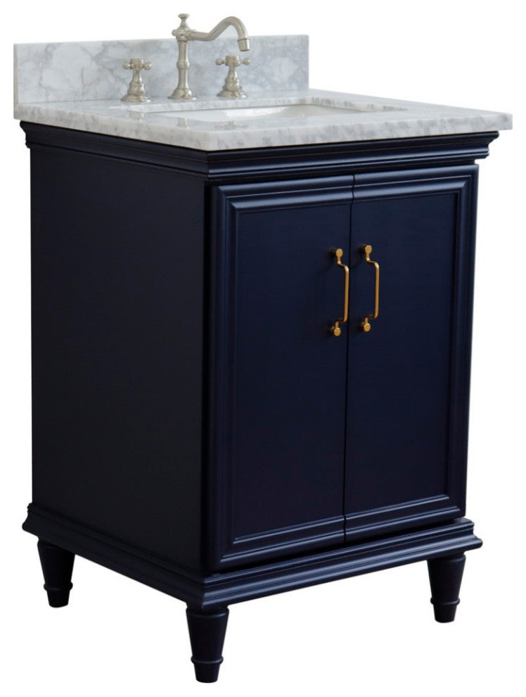 25" Single Vanity, Blue Finish With White Carrara And Rectangle Sink