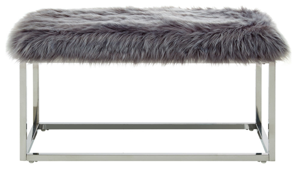 Astraea Faux Fur Metal Frame Ottoman Bench, Grey