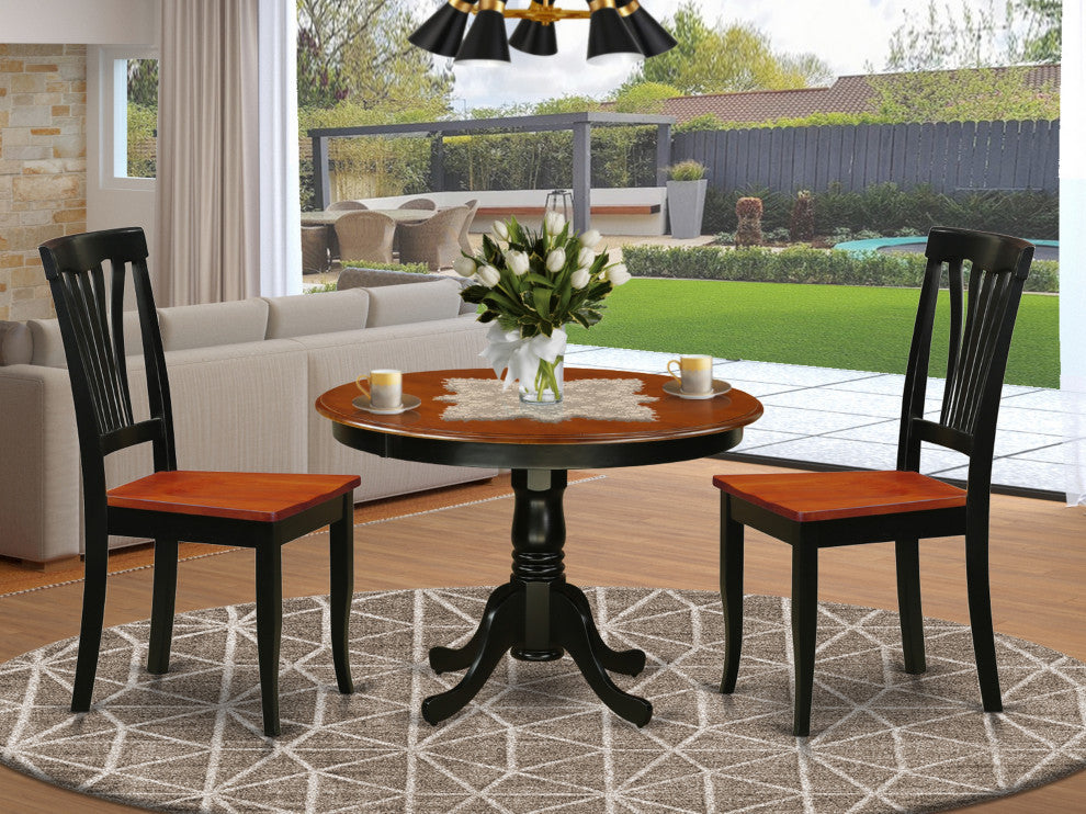 3 Pc Set With A Round Table And 2 Wood Dinette Chairs, Black And Cherry