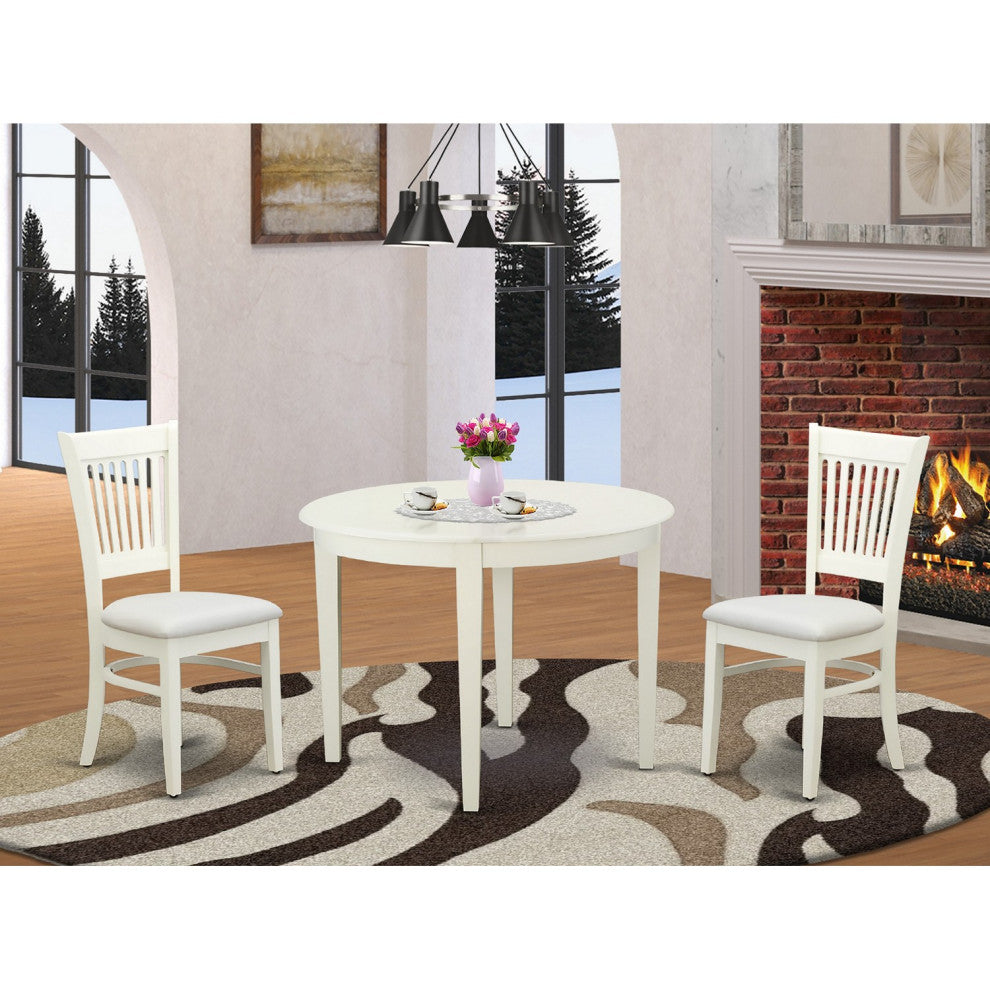 3Pc Dining Set -2 Wood Chair, Breakfast Table, Round Top, Linen White, Black