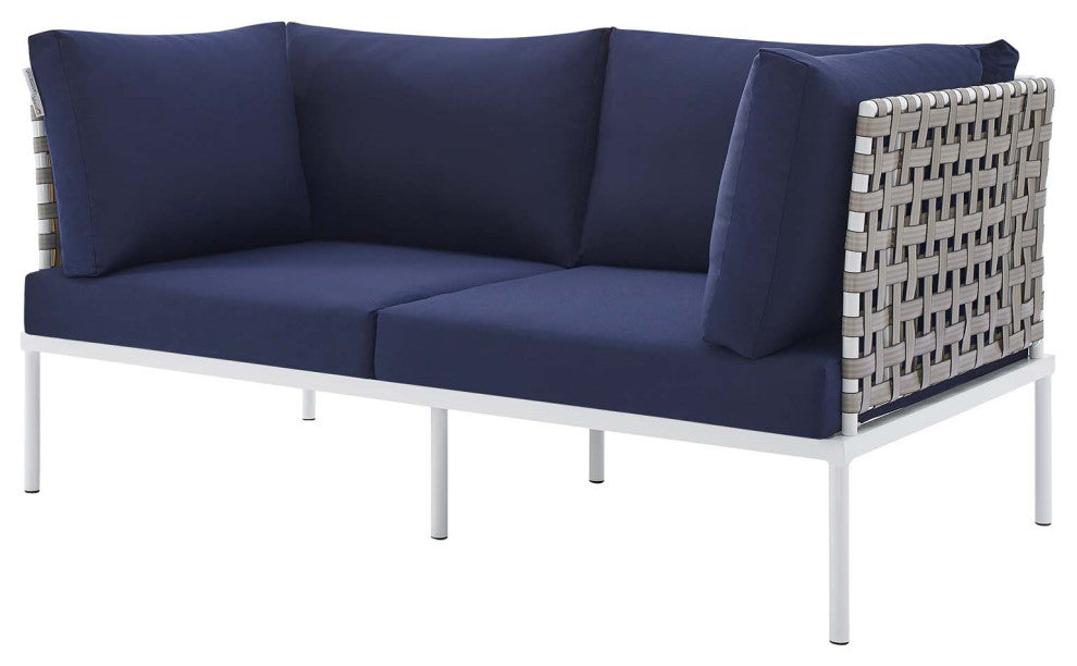 Lounge Sectional Sofa Chair Table Set, Sunbrella, Aluminum, Blue Navy, Outdoor