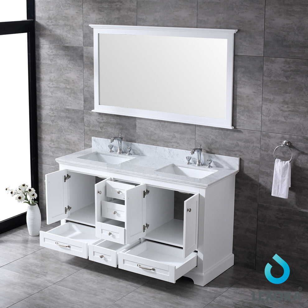 Dukes 60" Double Vanity Cabinet Carrara Marble Top Sinks, 58" Wall Mirror