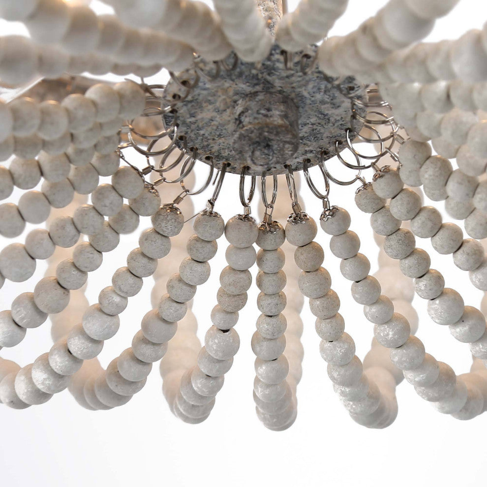 LNC 3 Light Vintage Beaded with White Wooden Beads, Semi-Flush Ceiling Light