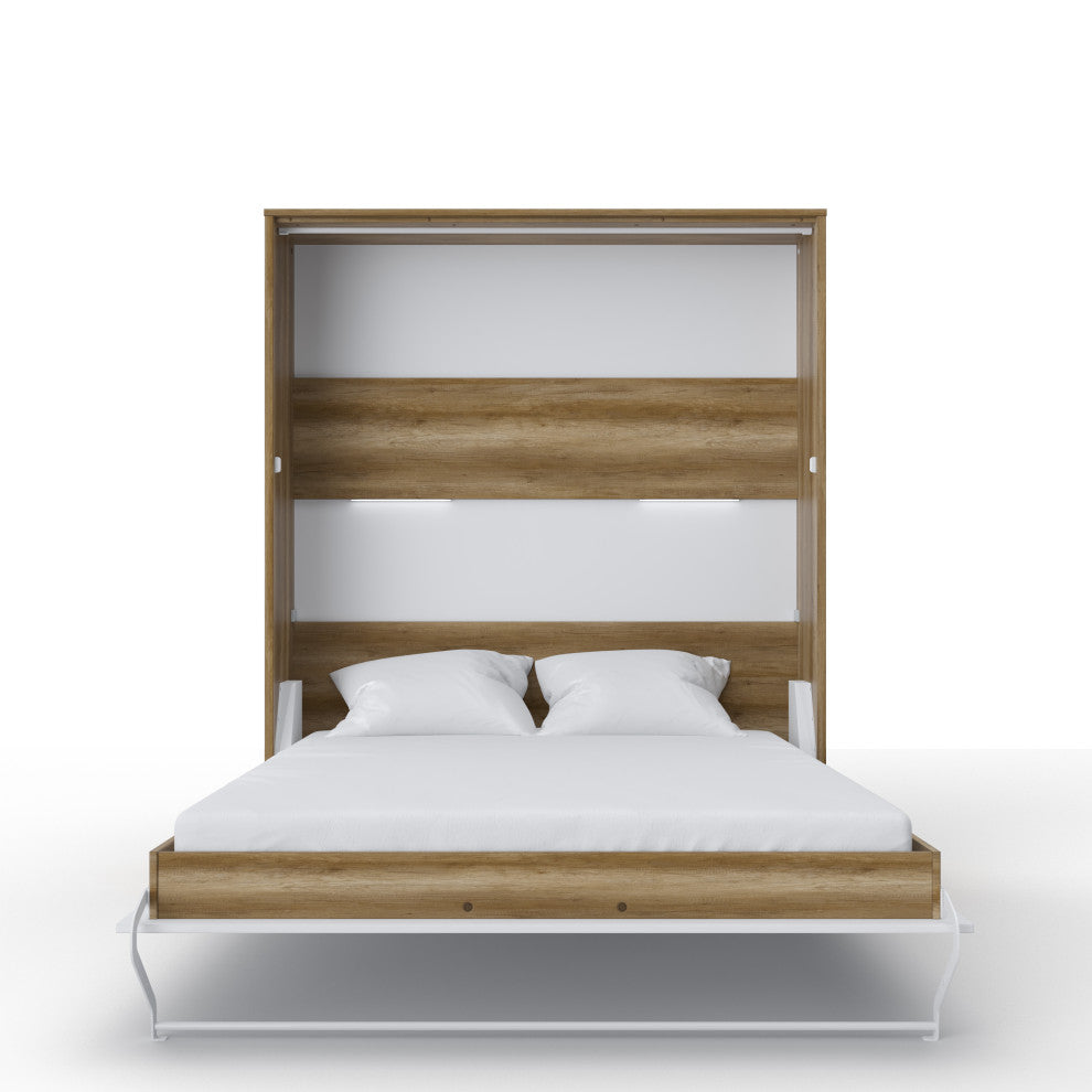 INVENTO Vertical Murphy Bed with LED and Mattress 63x78.7", Oak Country/White