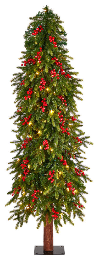 5' Victoria Fir Faux Xmas Tree W/200 Multi-Color, Multifunction Lights, Berries