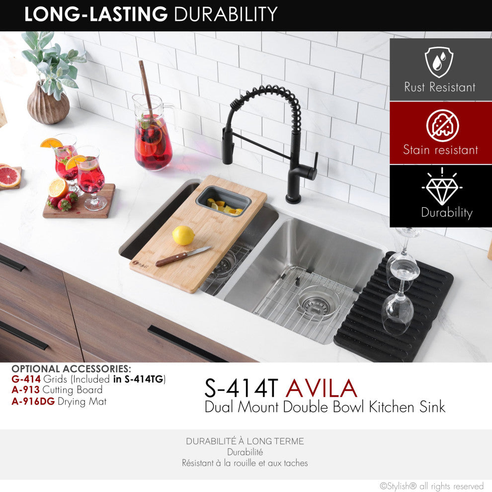 STYLISH 29" Double Bowl Undermount and Drop-in Stainless Steel Kitchen Sink