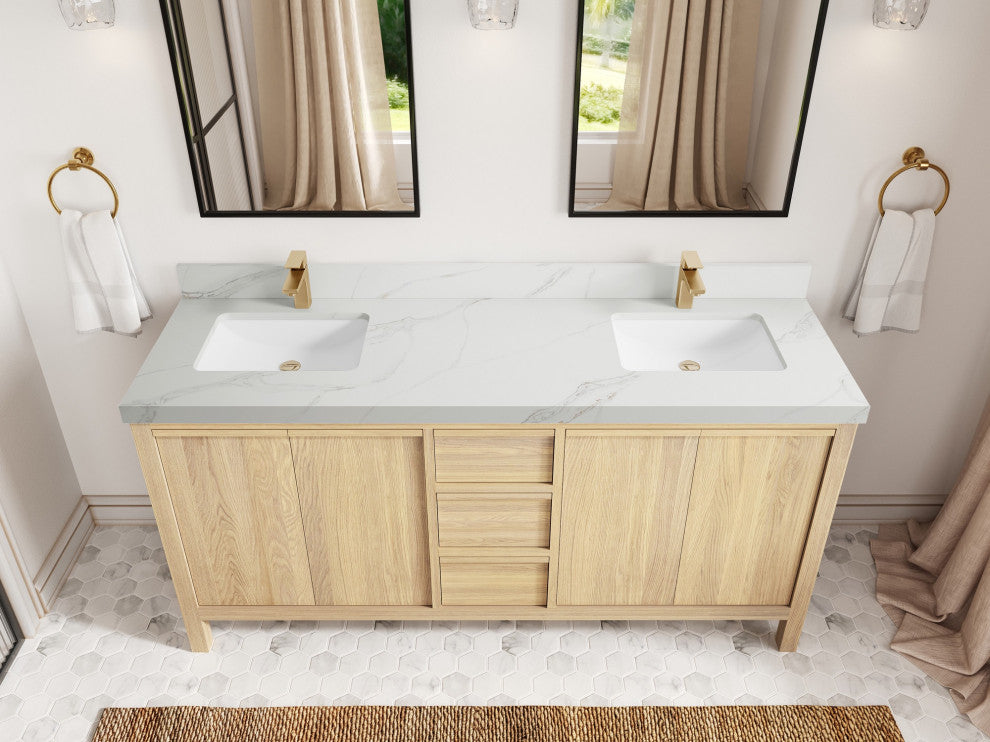 Elizabeth Oak 72" Double Sink Vanity, White 2" Calacatta Sienna