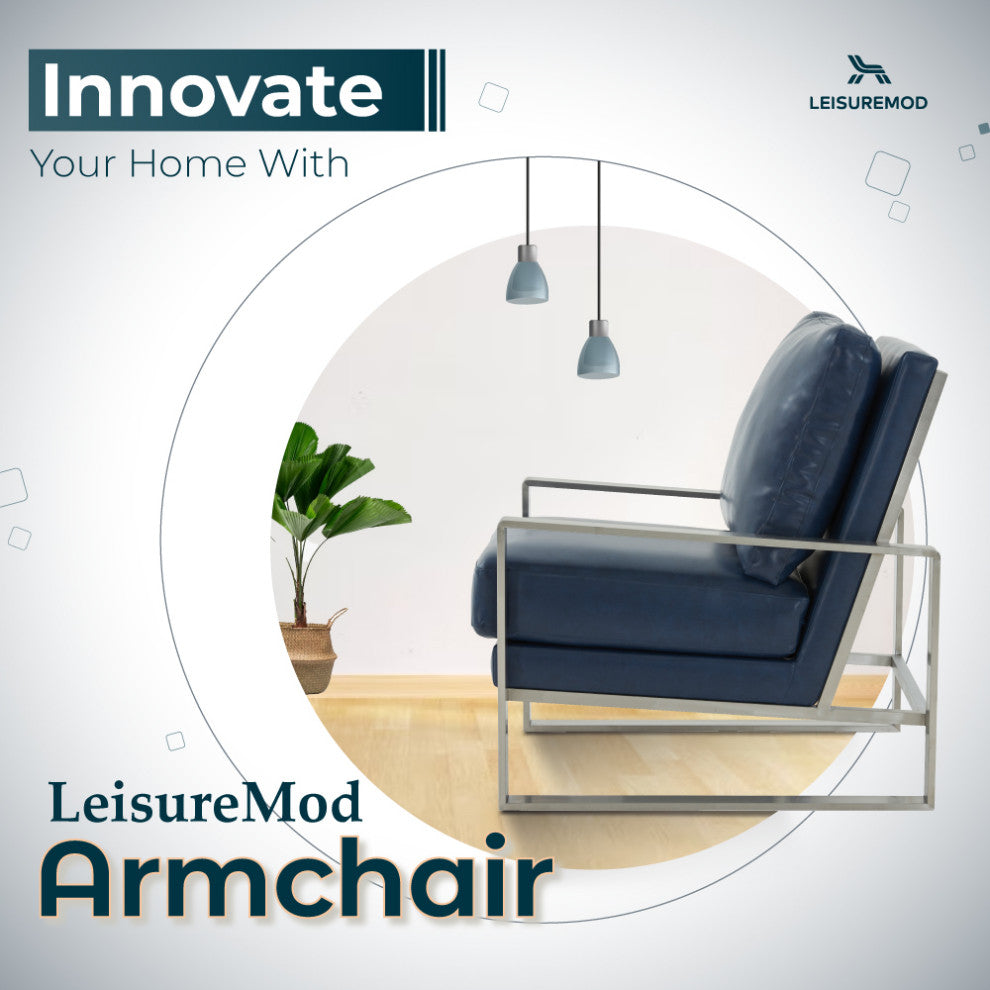 LeisureMod Jefferson Faux Leather Accent Armchair With Silver Frame, Navy Blue