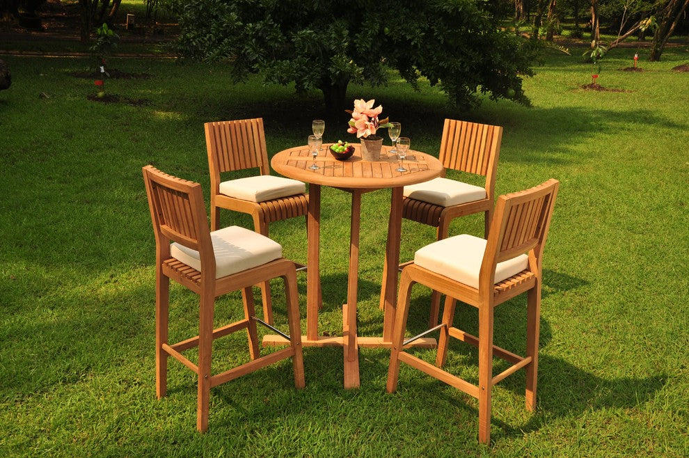 5-Piece Outdoor Patio Teak Bar Set: 36" Round Table, 4 Maldives Armless Chairs