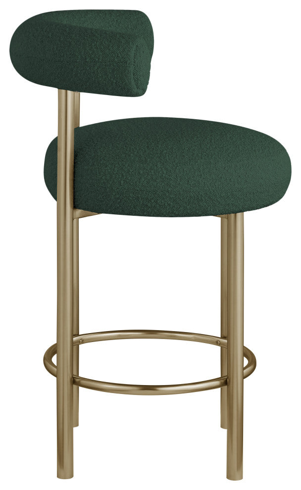 Bordeaux Upholstered Stool, Green, Boucle Fabric, Brushed Brass, Set of 2
