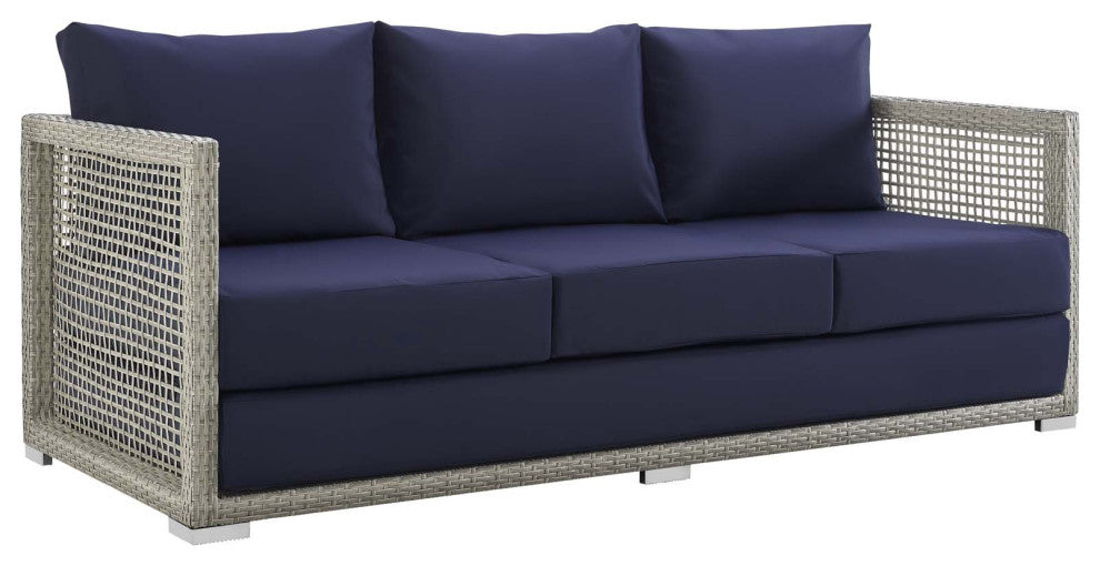 Aura Outdoor Patio Wicker Rattan Sofa, Gray Navy