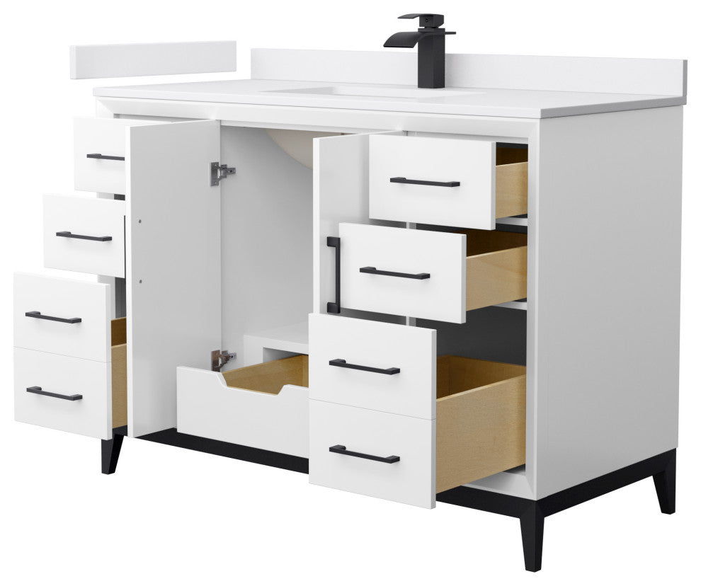 Amici 48" White Single Vanity, White Cultured Marble Top, Matte Black Trim