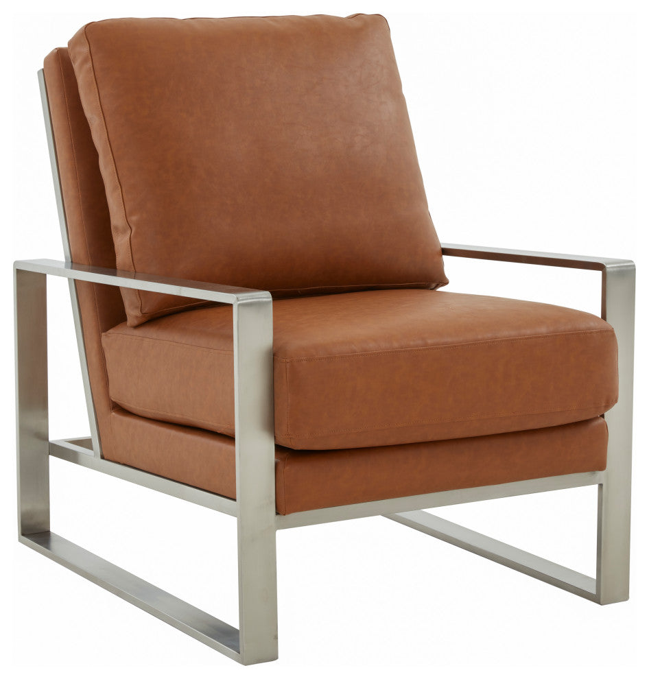 LeisureMod Jefferson Arm Chairs With Silver Frame and Coffee Table, Cognac Tan