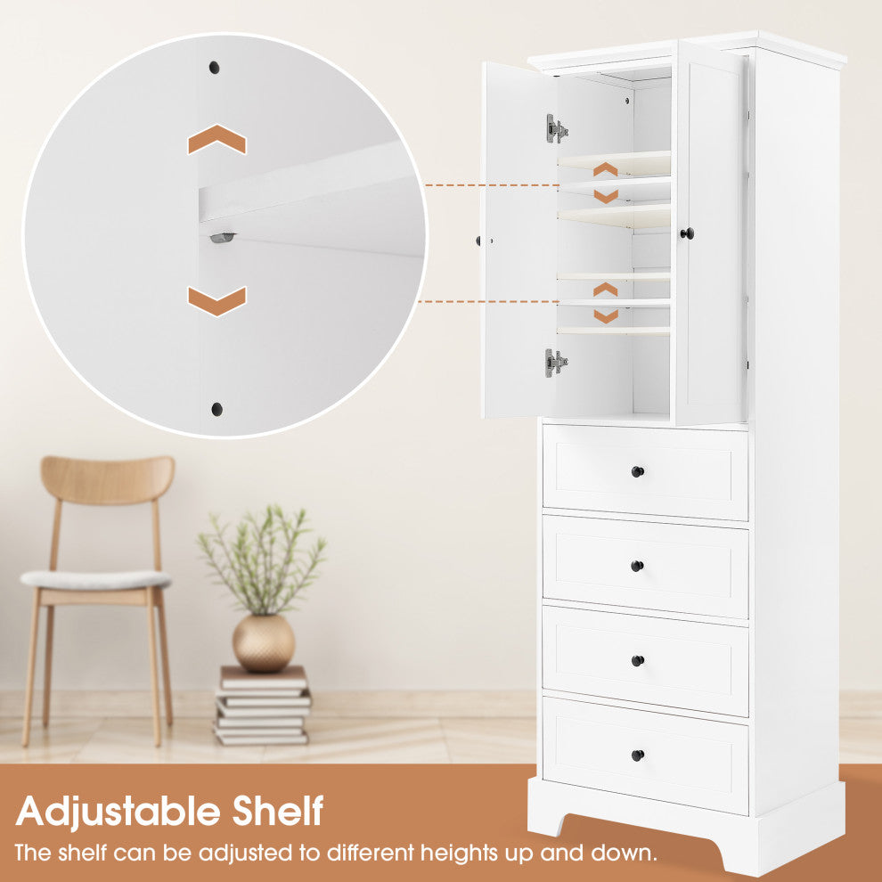 24 in. W x 68 in. H MDF Bathroom Storage Cabinet with Two Doors and Four Drawers, White
