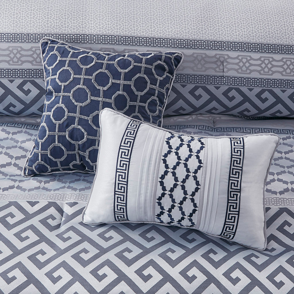Madison Park Bennett Traditional Greek Keys 7-Piece Comforter Set, Navy Blue, Ki