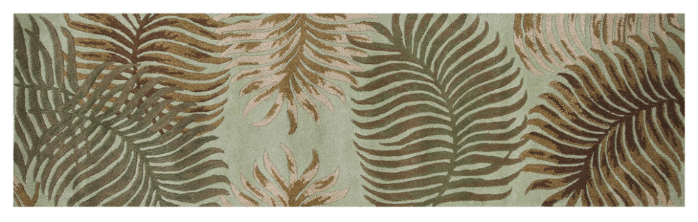 8' Aqua Blue Hand Tufted Tropical Leaves Indoor Runner Rug