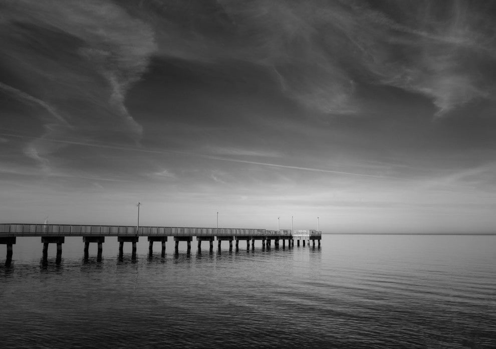 End of the Pier Coastal Black & White Photo Canvas Wall Art Print, 12" X 16"