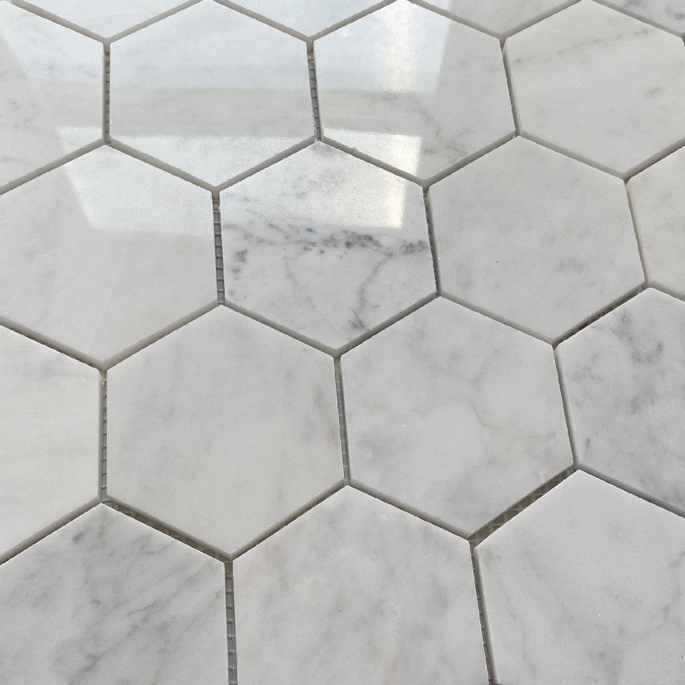 Carrara White Venato Marble 3" Hexagon Mosaic Wall Floor Tile Polished, 1 sheet
