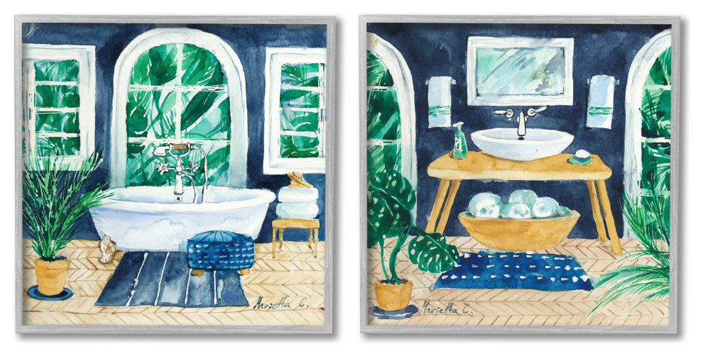 Bold Blue Bathroom Interior Still Life Sink Bathtub,17 x 17