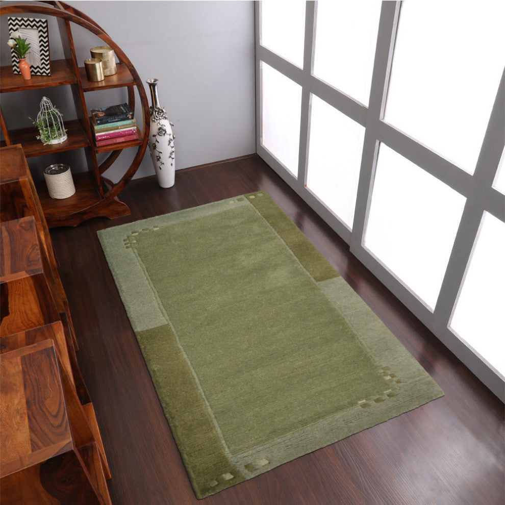 Hand Knotted Tibbati Wool Area Rug Contemporary Green