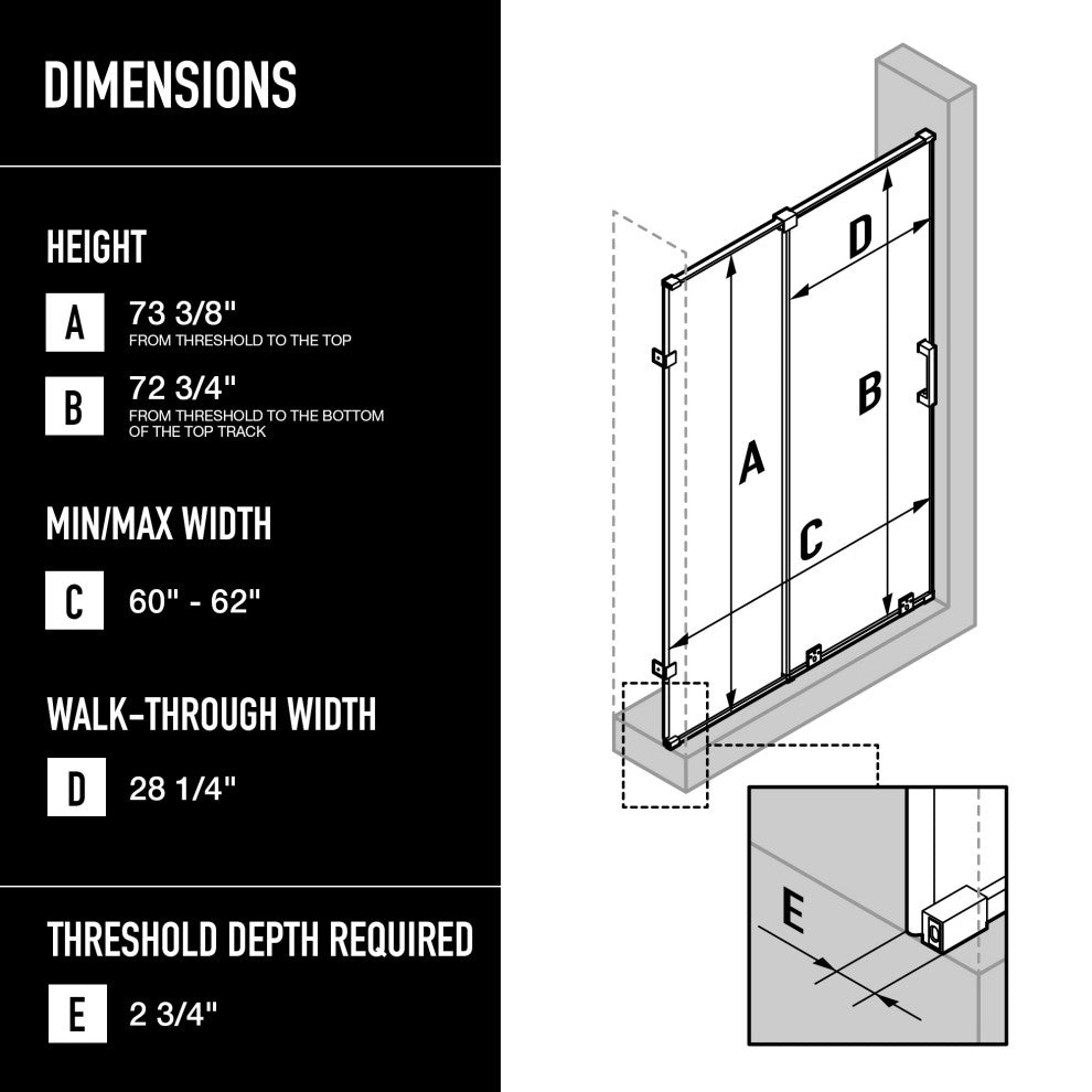 VIGO Ryland 60" to 62" W x 73" H Frameless Track Sliding Shower Door, Stainless Steel, Clear Glass