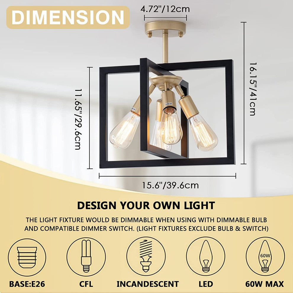 4 Light Industrial Ceiling Light Fixture Black and Gold Rectangle Flush Mount