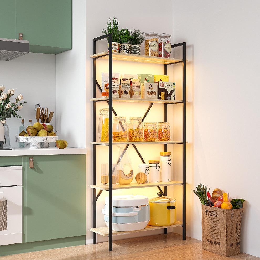 Multifunctional Smart Industrial 5-Shelf Bookcase W/ Tricolor Dimming LED Light,