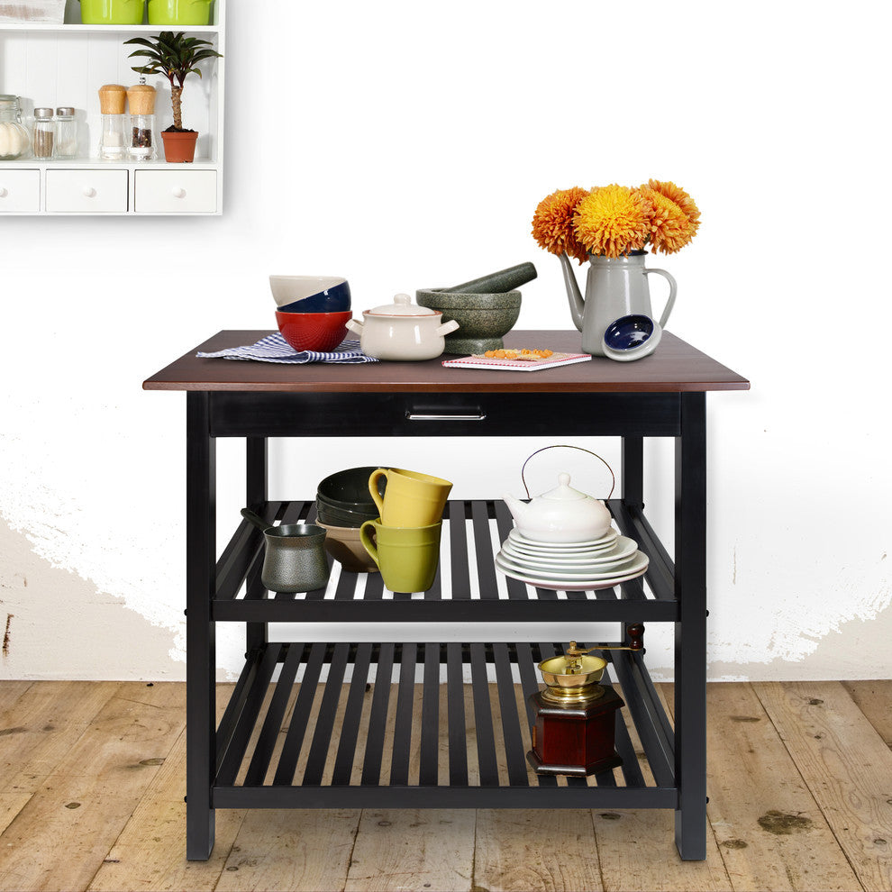 Kitchen Island With Solid Wood Top, Black