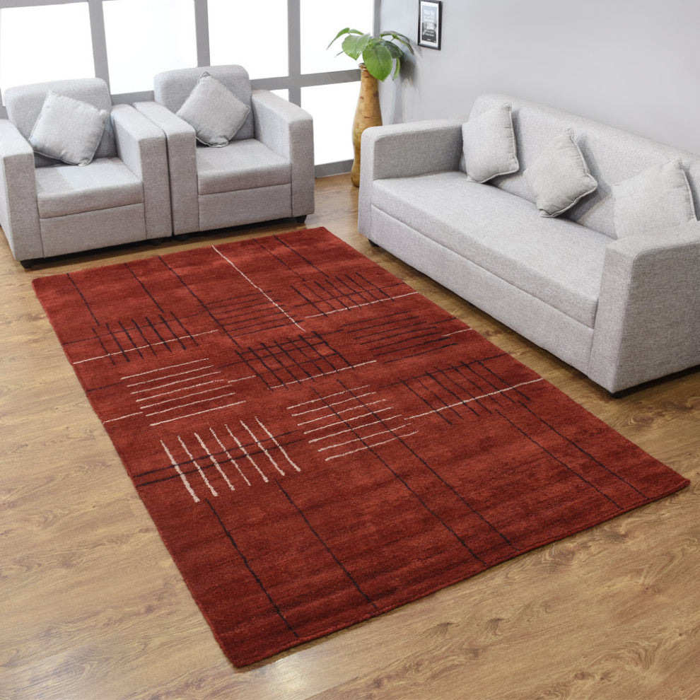 HAND KNOTTED LOOM SILK ECO-FRIENDLY AREA RUGS -5'x8', Rectangle, Rust, Geometric