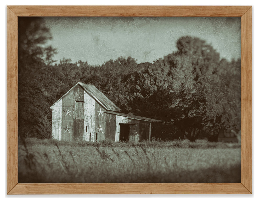 Patriotic Barn in Field Vintage Black and White Framed Photo Wall Art Print, Red Oak, 8" X 10"